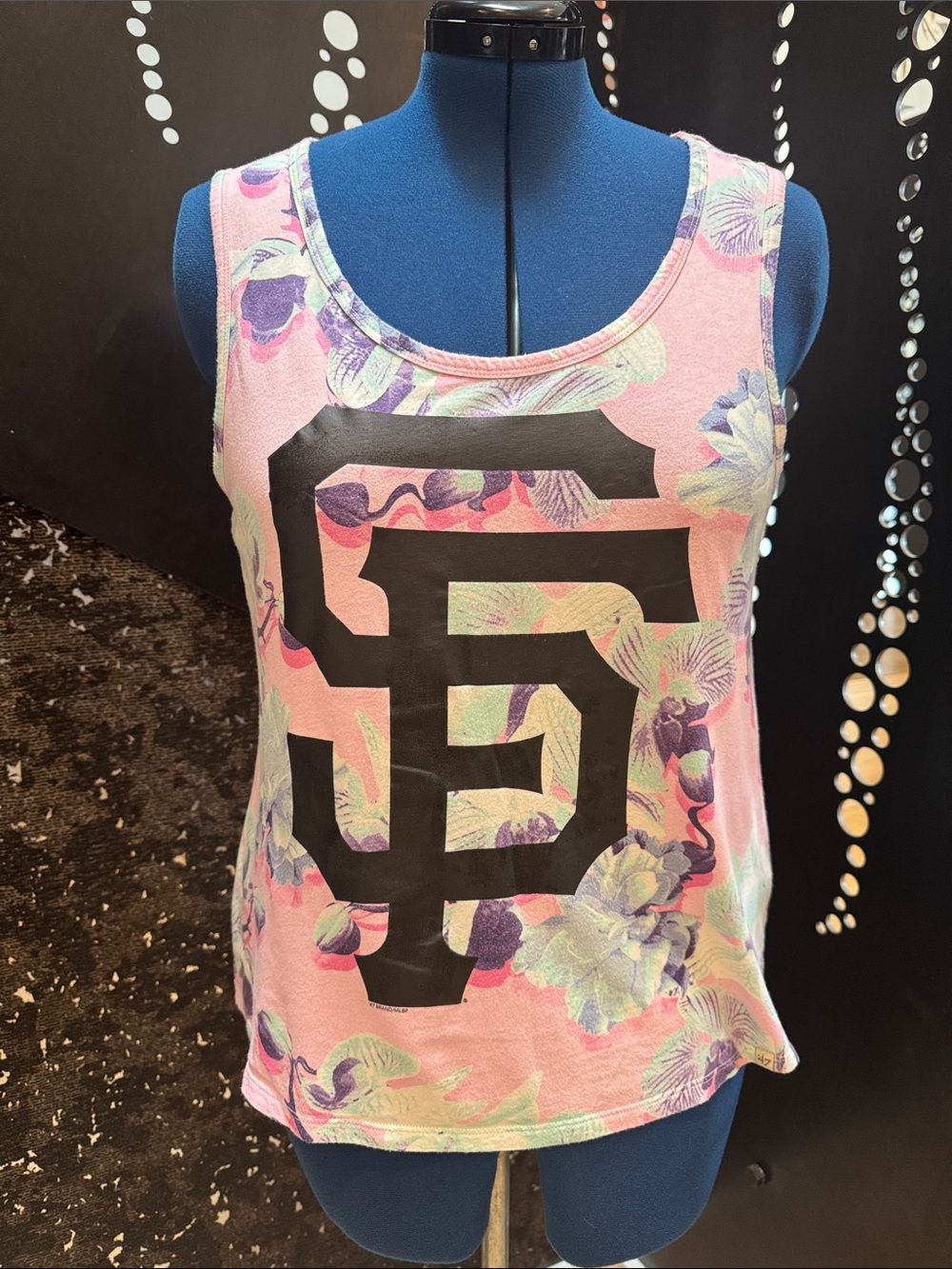 47 Women's Pink Floral Tank Top with Black SF Logo